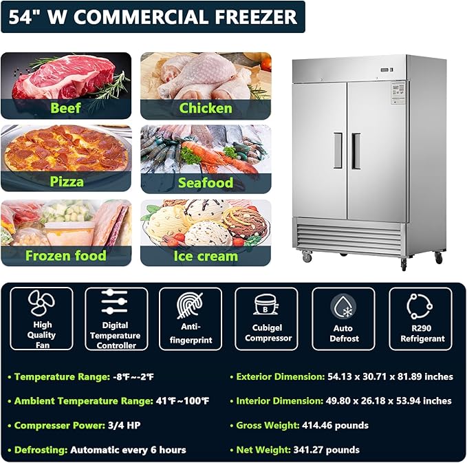 Commercial Freezer 54"W 2 Section 2 Solid Door Stainless Steel Interior and Exterior Construction