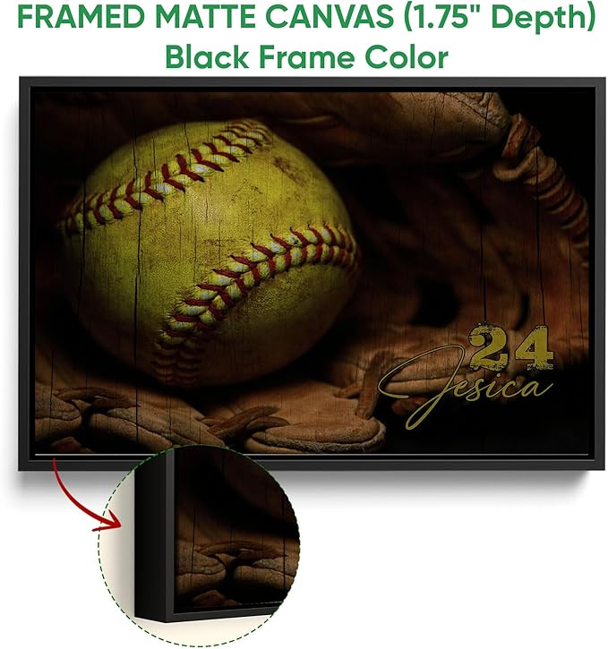 Personalized Softball Poster & Framed Canvas - Softball And Gloves Vintage Home Office Decor, Custom Name Number Bedroom Living Room Aesthetic Wall Art Gift For Daughter, Softball Player