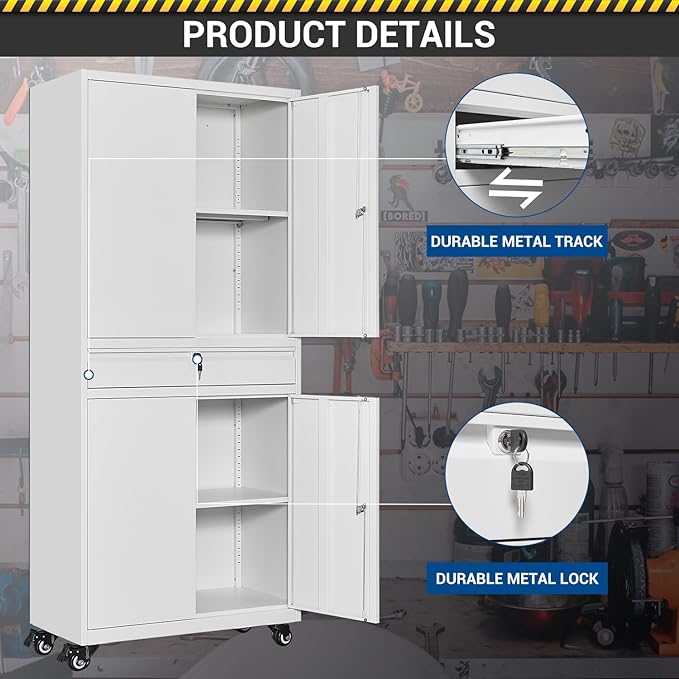 73" Metal Cabinet-White Heavy Duty Rolling Storage Cabinet Steel Tool Cabinets with Wheels, Shelves, Lockable Doors and Drawers- for Garage, Pantry, Warehouse Home Office- Assembly Required