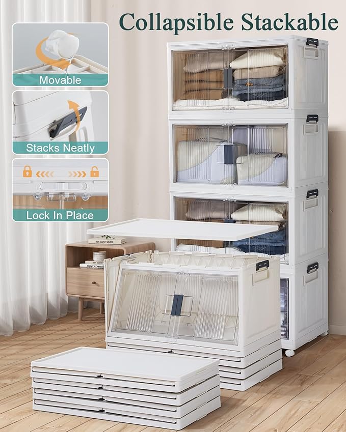 OlarHike 97QT Stackable Storage Bins with Lids - Folding Storage Box with Doors and Wheels, Collapsible Plastic Storage Drawers for Closets, 4 Pack Cubes
