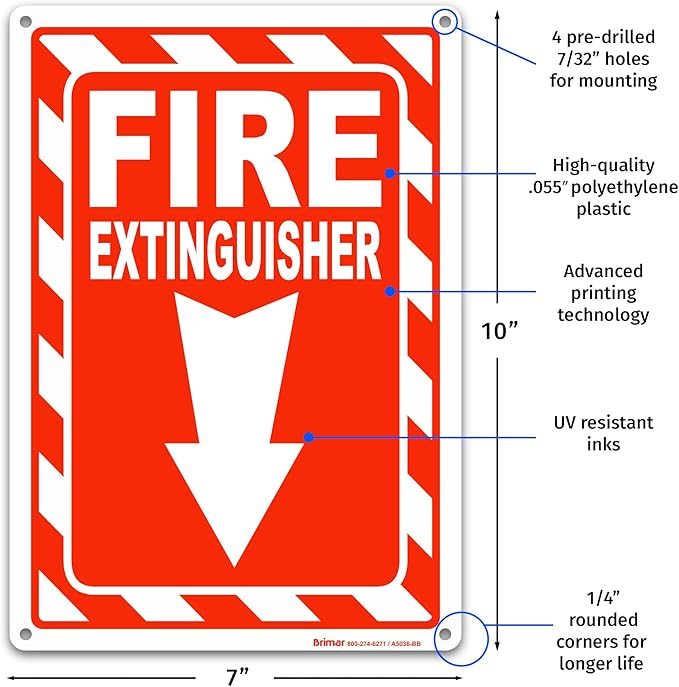 Brimar - 7" x 10" - Fire Extinguisher Sign - Polyethylene Plastic - Fire Safety Sign - Easy Installation