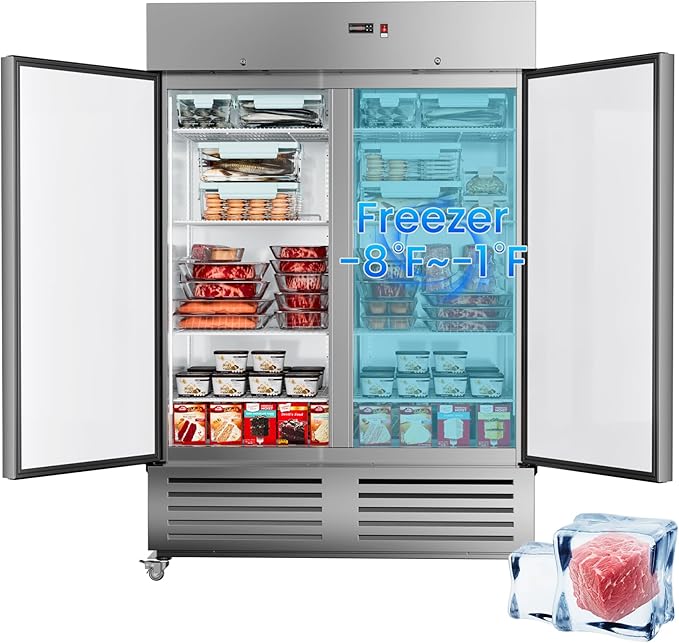 Commercial Freezer 54"W 2 Door Stainless Steel Reach-in Solid Door Upright Freezer Fan Cooling 49 Cu.ft Freezers -8-1°F for Restaurant, Bar, Shop