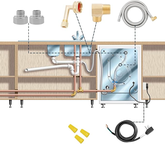 Solimeta Universal Dishwasher Installation Kit with 6 ft Stainless Steel Hose and Power Cord