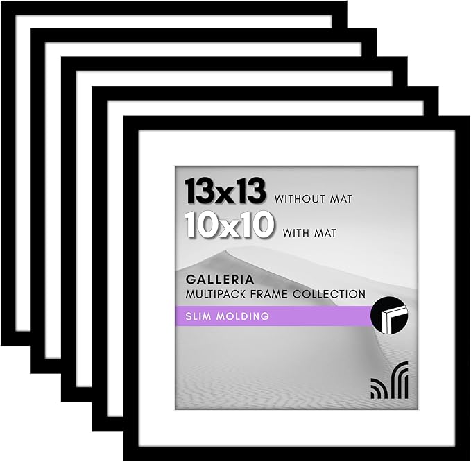 Americanflat 13x13 Picture Frame with Polished Plexiglass - Set of 5 - Use as 10x10 Frame with Mat or Display 13x13 Photo Without Mat - Galleria Collection - Square Frames for Wall Display - Black