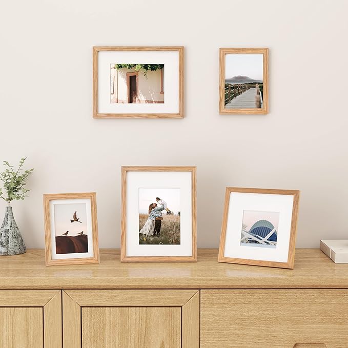 Fun Memories 5x7 Picture Frame, Solid Oak Wood 5 x 7 Frame with Plexiglass, 5 by 7 Photo Frame for Wall & Tabletop Display, 5x7 Picture Frame Matted to 4x6, Natural Oak Color, 3 Pack