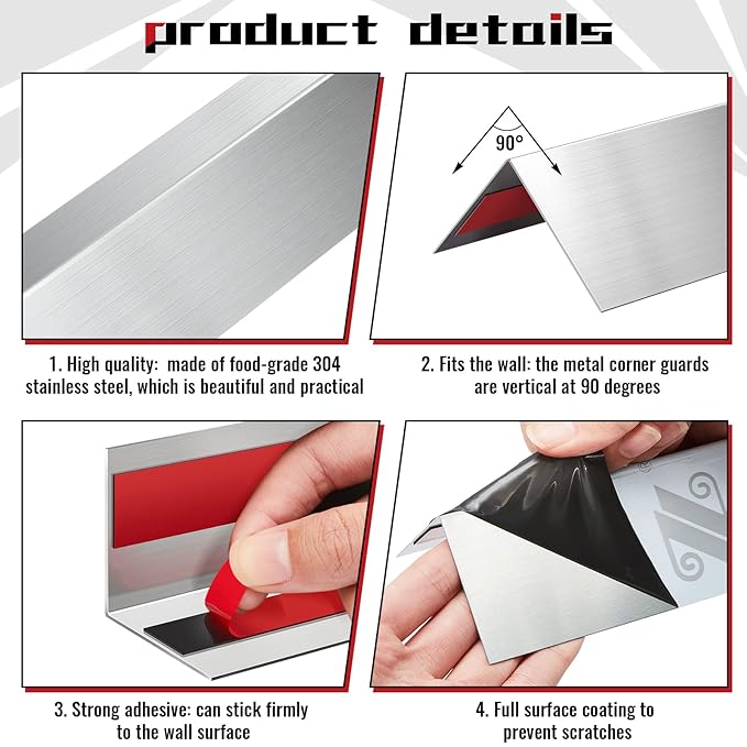 Therwen 10 Pcs 304 Stainless Steel Wall Corner Guards 2 x 2 x 36 Inch Self Adhesive Heavy Duty Corner Protector Trim with 90 Degree Angle for Wall Protection Metal Edge Guard