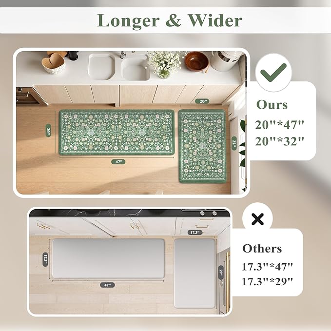 KIMODE Comfort Kitchen Floor Mats Cushioned Anti Fatigue,Farmhouse Spring Floral Kitchen Runner Rug Sets of 2 Non Slip,Long Memory Foam Standing Carpet for Laundry Sink Home,Green
