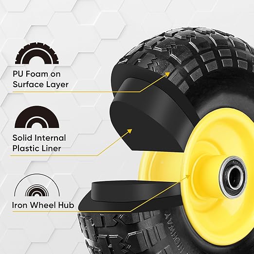 TICONN 4.00-6 Tire and Wheel Flat Free, 4 Pack 13" Solid Tires with 5/8" Axle Bore Hole and Double Sealed Bearings, Perfect for Wheelbarrow, Garden Cart, Wagon, Dolly (Yellow, 4PK)