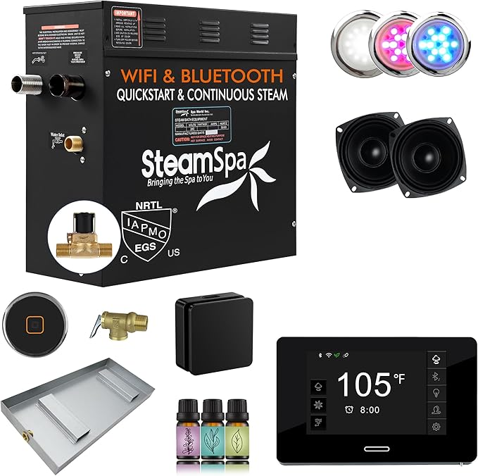 SteamSpa Steam System 6kW Steam Shower Generator with Bluetooth Wifi, Quickstart Continous Steam, Advanced Touch Pad Screen, Chroma Lights, Drain Pan and Auto Drain Black RVBS600BK-A