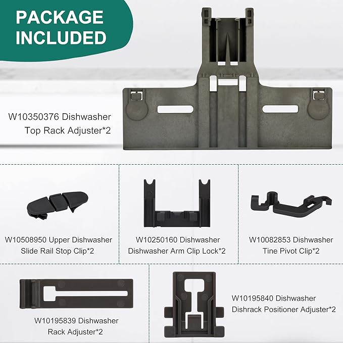 12pcs UPGRADED W10350376 W10350374 Dishwasher Top Rack Adjuster Parts with W10195840 & W10195839 & W10250160 & W10508950 & W10082853 Upper Parts Replacement for Whirlpool Kenmore KitchenAid Dishwasher