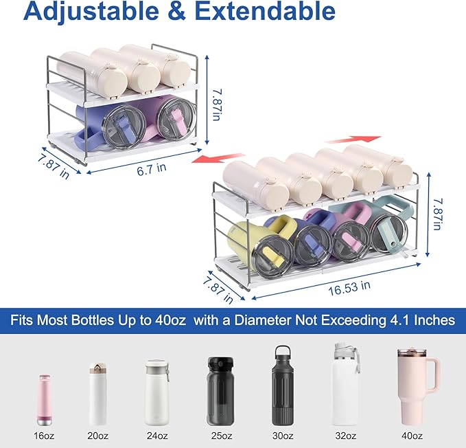 Water Bottle Organizer For Cabinet, Adjustable Tumbler Storage, Expandable 2 Tier Cup Organizer For Kitchen, Water Bottle Shelf Rack Holder For Pantry Countertop Fridge, White