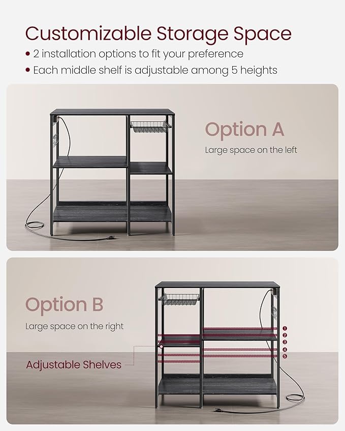 VASAGLE Baker's Rack, Coffee Bar Stand with Charging Station, 35.6 Inches Tall, Storage Shelves, Pull-Out Wire Basket, Table for Microwave, Kitchen, Charcoal Gray and Ink Black UKKS036B22
