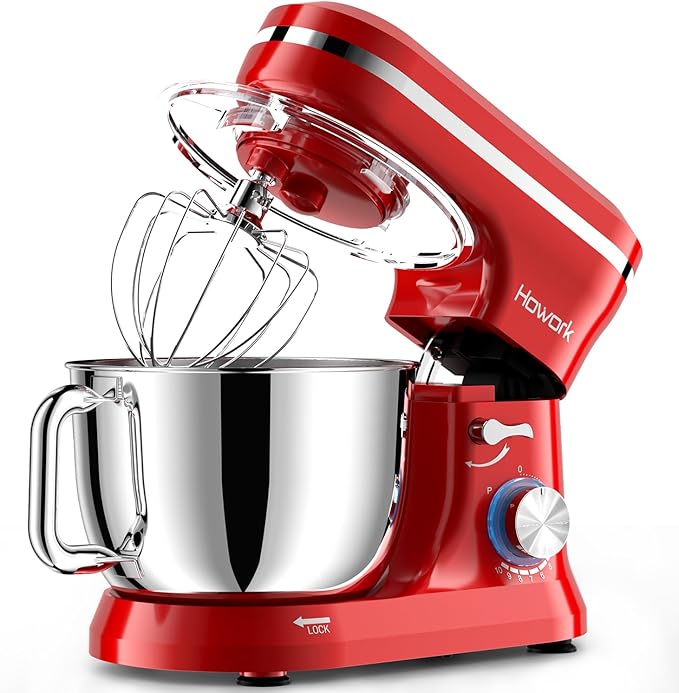 HOWORK Electric Stand Mixer,10+p Speeds Kitchen Mixer With 6.5QT Stainless Steel Bowl,Dough Hook, Wire Whip & Beater,for Most Home Cooks (Red)
