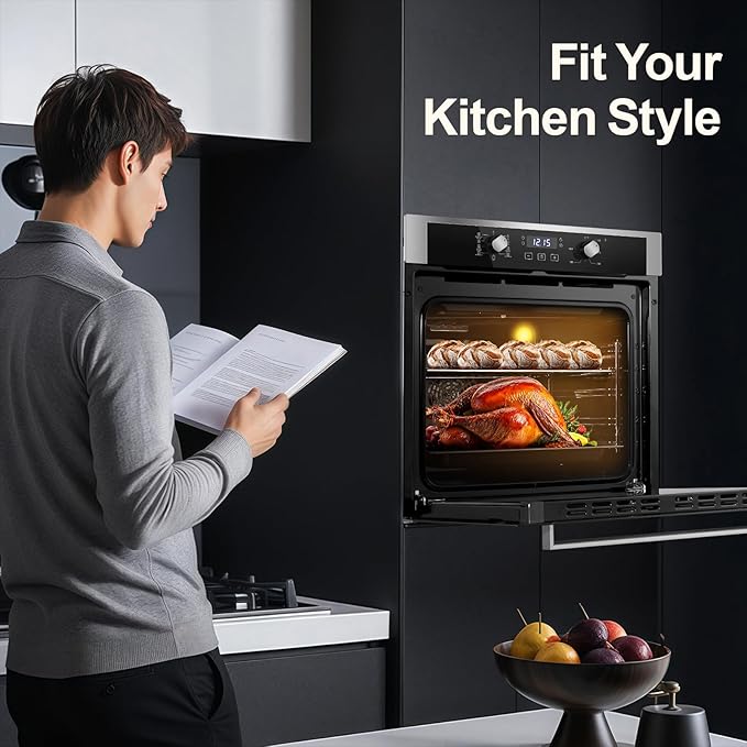 Wall Ovens 24 Inch Electric 3220W,2.8 Cu.Ft Single Wall Oven with 3-Key Digital Control,for Precise Baking,360° Rotisserie, 9 Functions & Easy-Clean Enamel Cavity for restaurant, and home