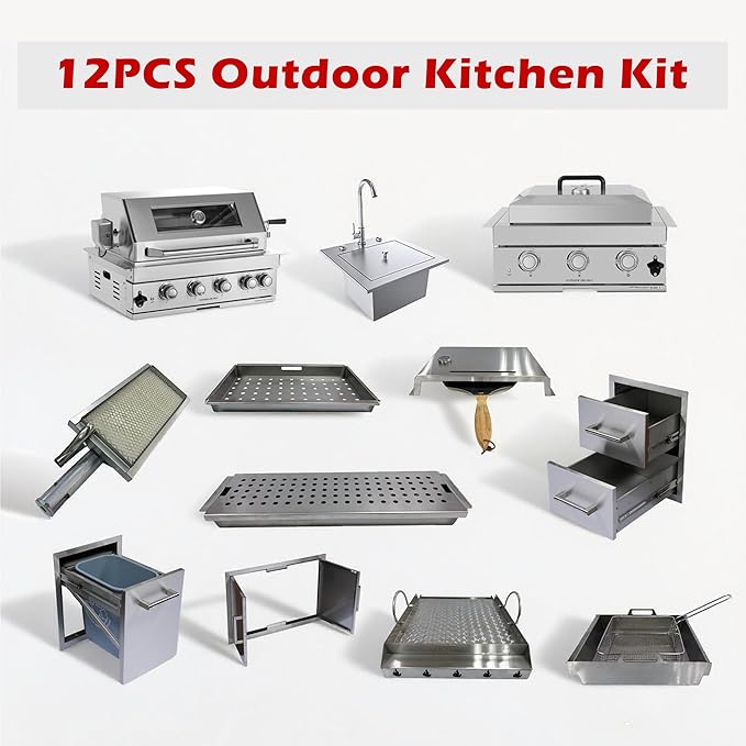 Outdoor Kitchen Kit, Built-in 32 inch LPG Gas Grill 60000 BTU Stainless Steel Four burners Grills,DIY Combo Outdoor Kitchen Island, 12 in 1 BBQ Tool Set Best of Backyard Gourmet Package Deal