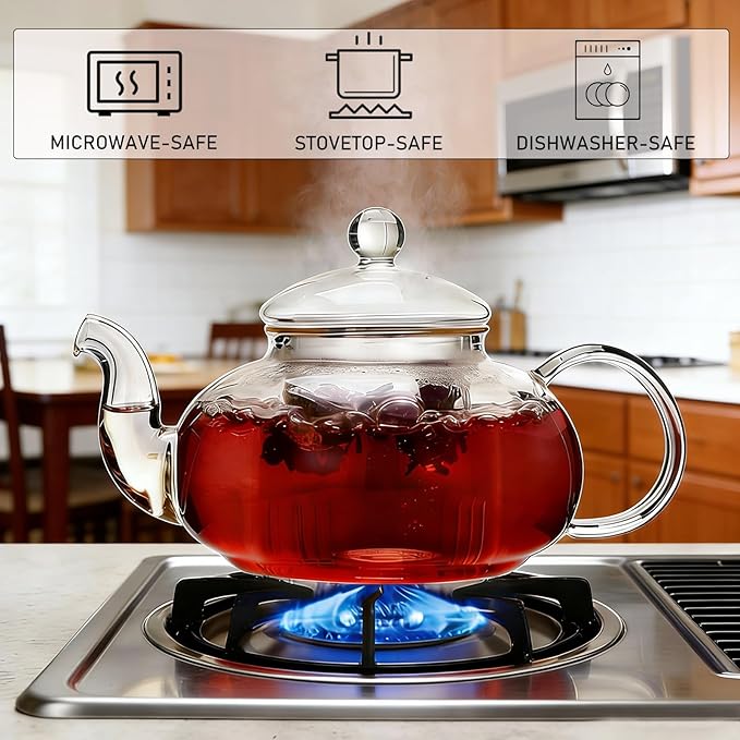 600ml(20.3oz) Borosilicate Glass Teapot with Removable Glass Infuser, Stovetop Safe Clear Tea Kettle for Blooming and Loose Leaf Tea