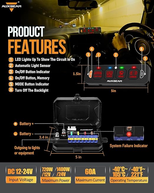 Auxbeam 4 Gang Slim Switch Panel RGB AS-R40 Automatic Dimmable Switch Panel with Toggle Momentary Pulsed Off Backlight Unique Patented Design Control Panel for Truck Offroad Boat, 2-Year Warranty