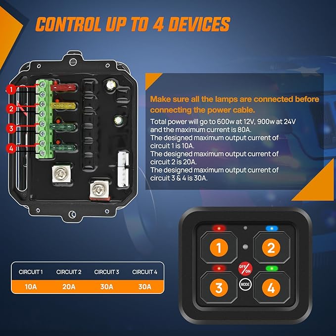 Nilight 4 Gang Switch Panel 12V 24V Universal Circuit Control Relay System with RGB Backlight Fuse Wiring Harness Automatic Dimmable ON Off LED Pod for Car Pickup Truck Camper SUV