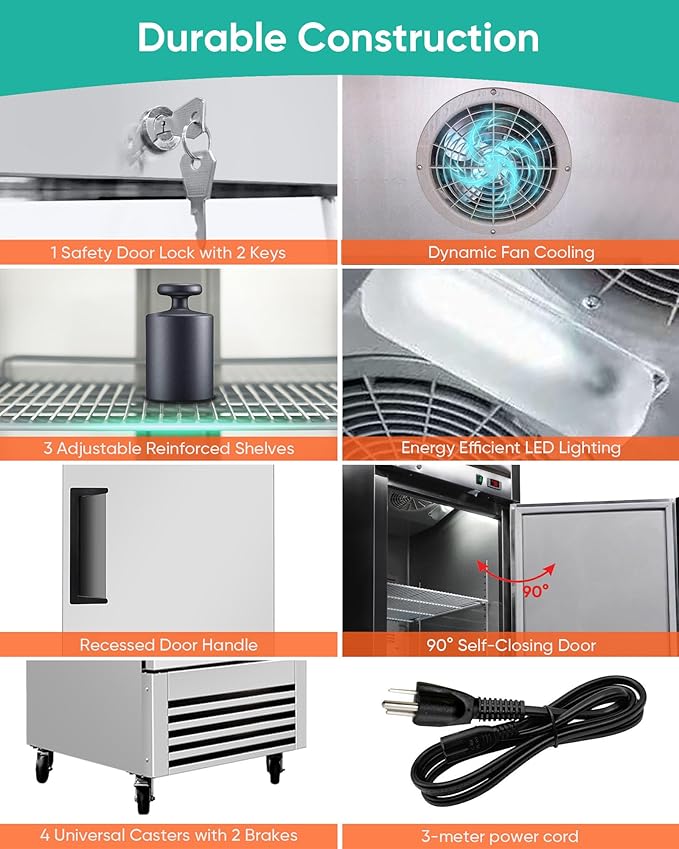 27" Commercial Refrigerator, 23 Cu. Ft Stainless Steel Upright Reach-in Fridge, 33℉~40℉, 3 Adjustable Shelves