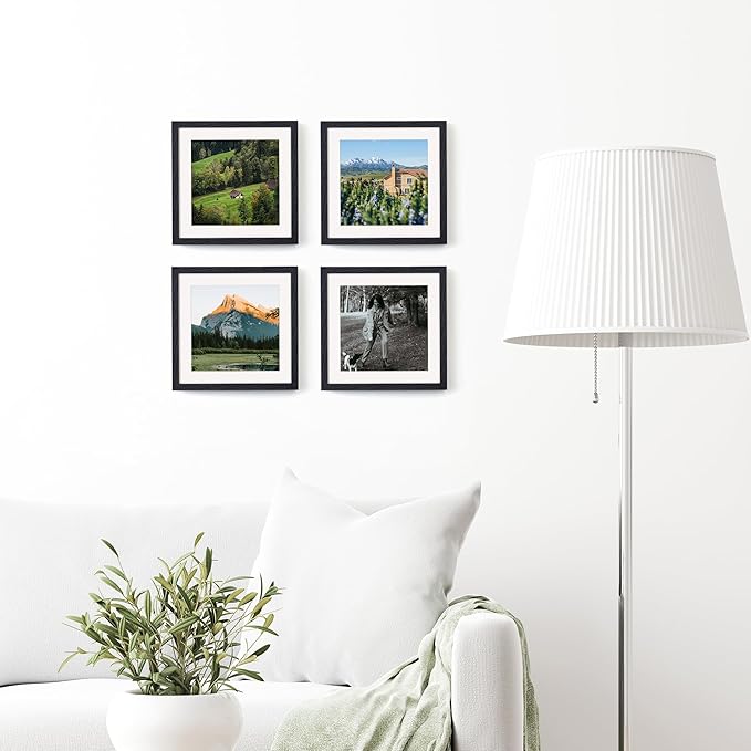 Fun Memories 10x10 Picture Frames, Square Frame 10 by 10 with Mat for 8 by 8, Rustic Oak Wood Frame 10"x10", 10 x 10 Wood Frame Set of 4, Minimalist 10x10 Photo Frames, Black Color