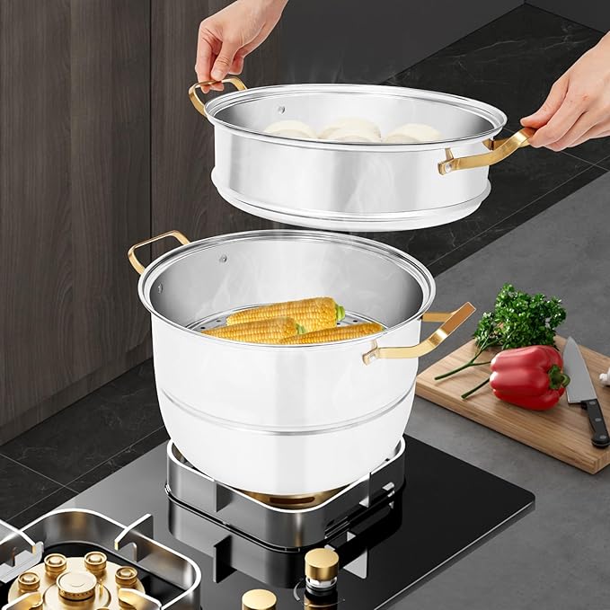 3-Tier Food Steamer Pot for Cooking, Stainless Steel Steamer Pot with Lid, Stackable Steaming Pots for 4-6 People, Steam Cooker Cookware for Dumpling Seafood, Compatible with Gas Stove (12.6 Diameter)
