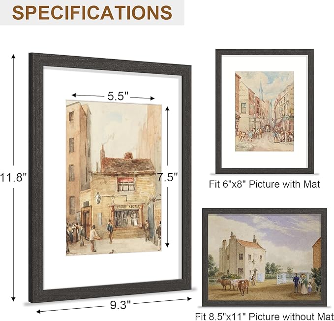 Vittanly 8.5x11 Picture Frame, Solid Wood Frame with Plexiglass, Includes 6x8 Mat, Wall Hanging or Tabletop for Photos, Home Decor, Black, 1 Pack