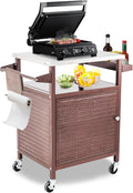 Outdoor Pizza Oven Table,Outdoor Table with Waterproof Cover, Movable Pizza Oven Stand Tables (Brown)