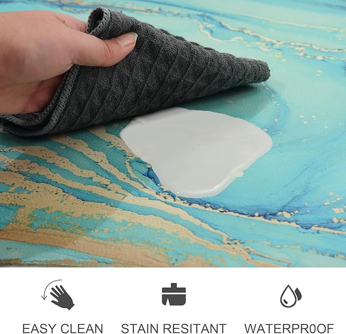 MAYHMYO Kitchen Rugs and Mats Set of 2 Teal Marble Gold Anti Fatigue Mat PVC Non Slip Turquoise Foam Cushioned Kitchen Mats for Floor Dining Room Home Office Sink Laundry