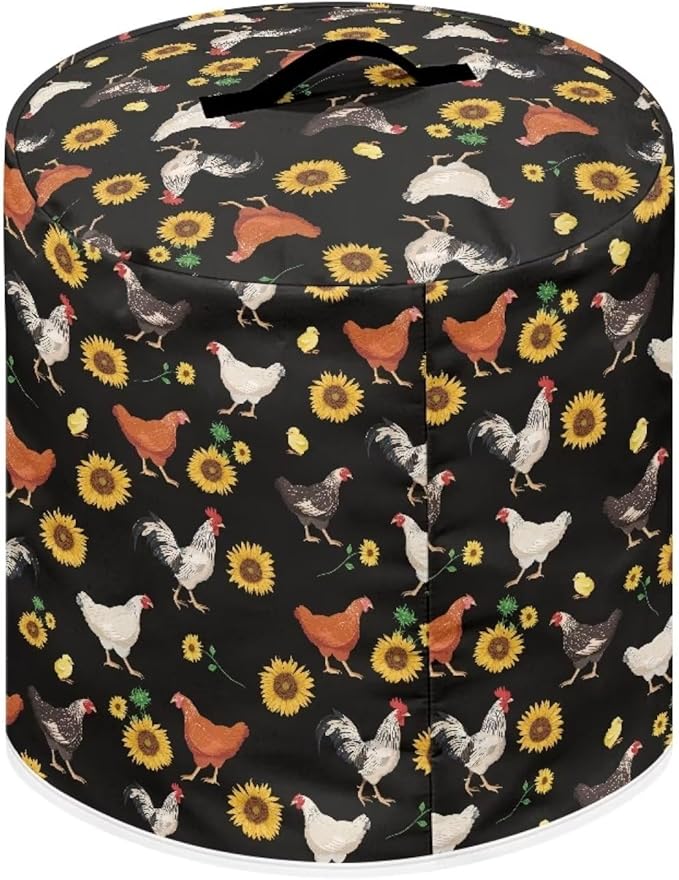 Insulated Pressure Cooker Appliance Cover, Also Fit for Rice Cooker, Air Fryer and Crock Pot, 3 Qt Dust Cover with Pocket for Spoon/Cooking Utensils/Recipes, Chicken Sunflower Black