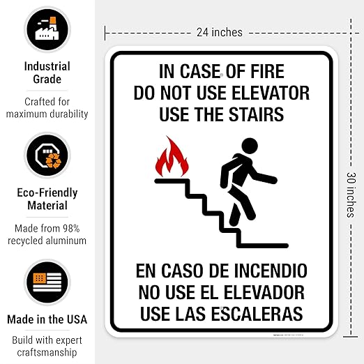 in Case of Fire Do Not Use Elevator Use The Stairs Bilingual Sign, Fire Safety Sign, 24x30 Inches, Rust Free .063 Aluminum, Fade Resistant, Indoor/Outdoor Use, Made in USA