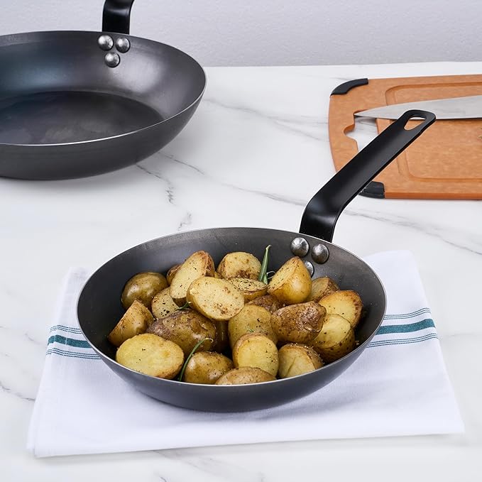 Restaurantware-Met Lux 9 Inch Fry Pans, 6 Lightweight Frying Pans - Induction-Ready, Triple-Riveted, Black Carbon Steel Cooking Skillets, Durable, For Searing, Sauteing, And Browning Food