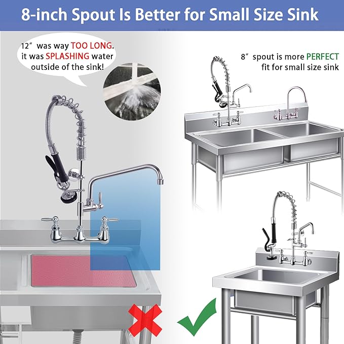 Commercial Sink Faucet with Sprayer 8" Center Wall Mount Kitchen Sink Faucet with 8” Swing Spout 18" Hose Commercial Kitchen Faucet 20" Height Pull Down Spray for Restaurant, Industrial