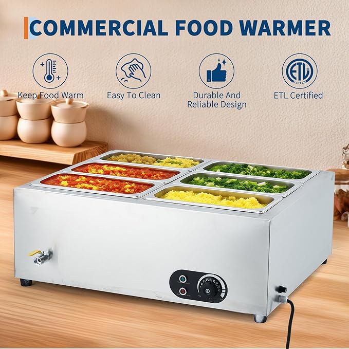 Commercial Food Warmer Stainless Steel with Lids, 1500W Electric Buffet Server Bain Marie, 6-Pan Catering Hot Food Station for Restaurants, Hotels, Banquets, and Commercial Kitchen Equipment