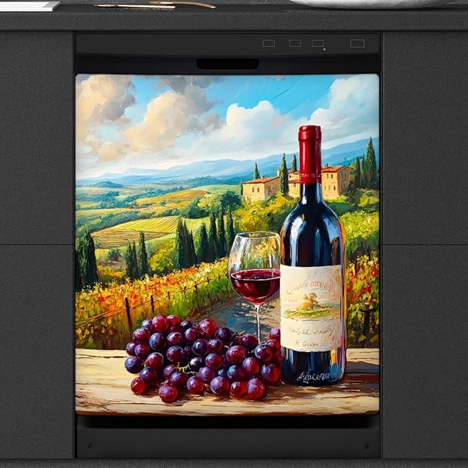 Painting Wine Landscape Dishwasher Magnet Cover Front Dishwasher Cover Decor Reusable Magnetic Door Cover Panel Decal Home Appliances Stickers Kitchen Refrigerator Fridge 23"x26"