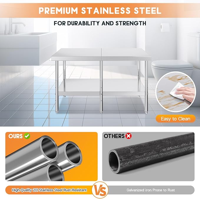 Jocisland 30" x 60" Stainless Steel Table for Prep & Work Adjustable Under Shelf and Feet, for Commercial Kitchen, Restaurant, Hotel and Garage