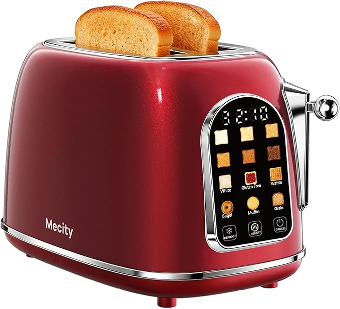 Mecity Toaster 2 Slice, Touch Screen Wide Slot Retro Toaster For Breads Bagel Muffin Waffle, House Warming Gift New Home, 120V 825W, Red Pearl