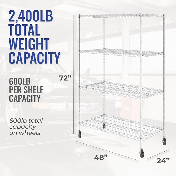 SafeRacks - NSF Certified Storage Shelves, Zinc, Heavy Duty Steel Wire Unit with Wheels and Adjustable Feet, Garage or Bakers Rack, Kitchen, Pantry Shelf - (24"x48"x72" 4-Tier) (Silver)