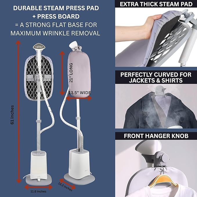 SALAV Standing Garment Steamer with Smart Auto-Off, Adjustable Comfort Board, 6 Steam Setting LED Display for Various Fabric Types, Perfect for Home and Family