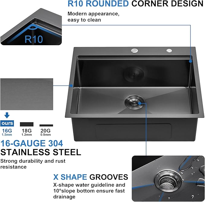 Scamall 28x22x10 Drop In Kitchen Sink Workstation, Nano Black 304 Stainless Steel Deep Single Bowl with Quick Drainage & Tarnish-Free Surface for Bar, Laundry, RV, Includes Accessories