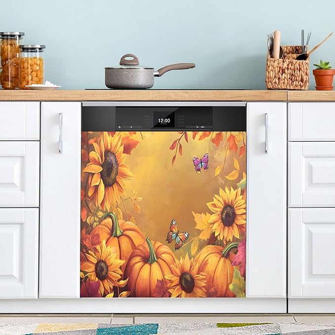 Thanksgiving Pumpkin Dishwasher Magnet Cover Panel,Sunflower Fall Magnetic Dishwasher Covers Refrigerator Sticker Decal Thanksgiving Decorative Washing Machine Cover for Home Kitchen,23x26in