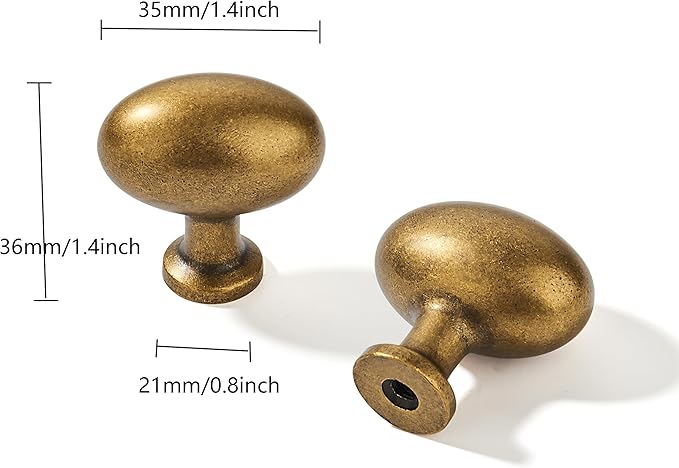 khtumeware 10 Pack 1-3/8 inch(35mm) Antique Brass Cabinet Knobs Dresser Knobs Oval Drawer Knobs Kitchen Cabinet Hardware Egg Knobs for Dresser Drawers