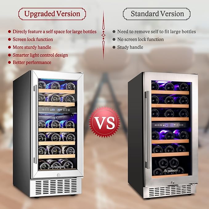 AAOBOSI 15 inch Dual Zone Wine Fridge, 28 Bottles Built-in or Freestanding Fridge,41-64°F Wine Cooler with Professional Compressor，Low Noise and No Fog