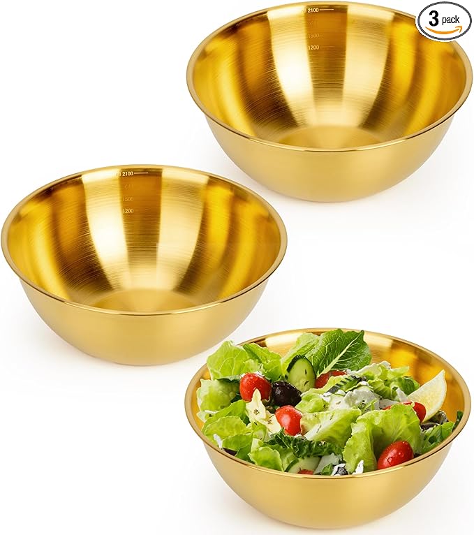 3-Piece Stainless Steel Golden Mixing Bowls (8.26") Metal Bowl with Measurement Marks, Dishwasher Safe & Stackable - Perfect for Baking, Salad Making, Meal Prep