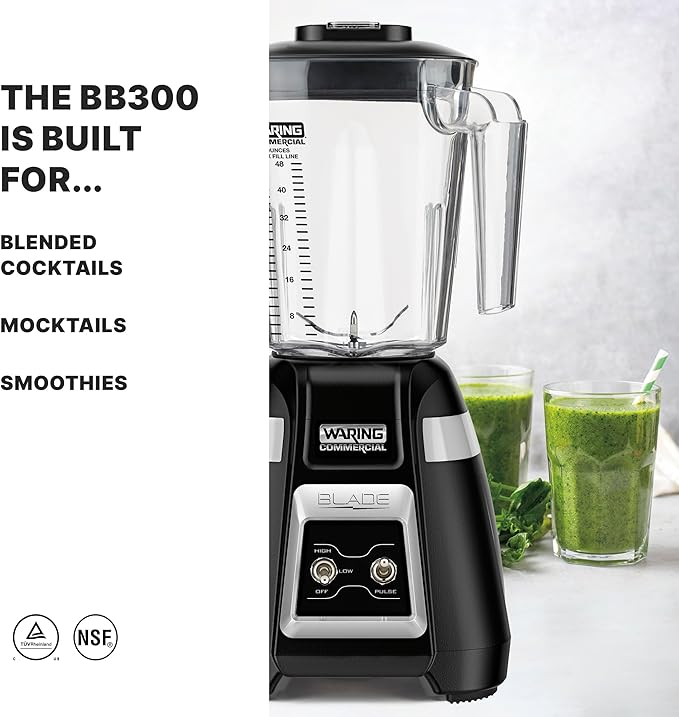 Waring Commercial BB300 Blade 1 HP Blender Toggle Switch Controls with Pulse feature with 48 oz BPA Free Copolyester Stacking Container, 120V, 5-15 Phase Plug ,Black