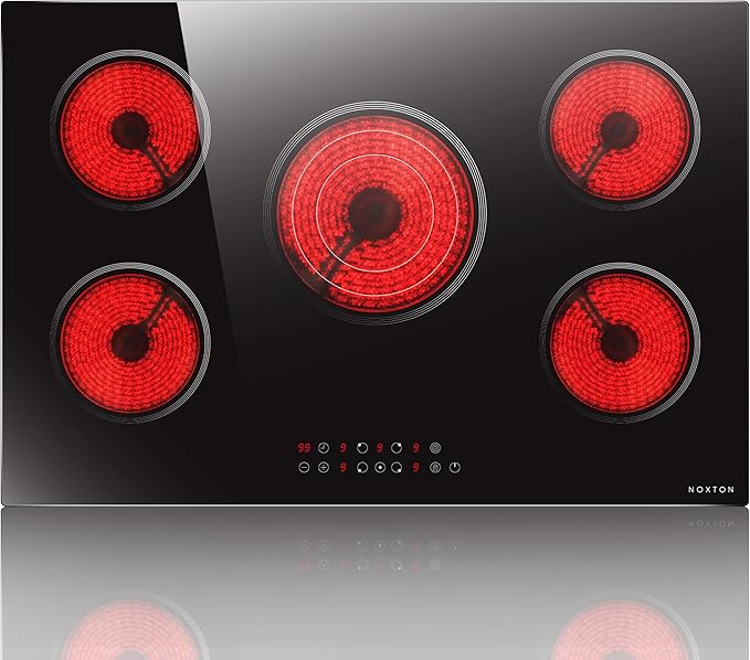 Noxton Electric Cooktop 30 Inch, 5 Burners Electric Stovetop, Drop-in Ceramic Cooktop 30”, Triple Ring, Pause, Timer, Child Safety Lock, 240V Hardwire(NO plug)