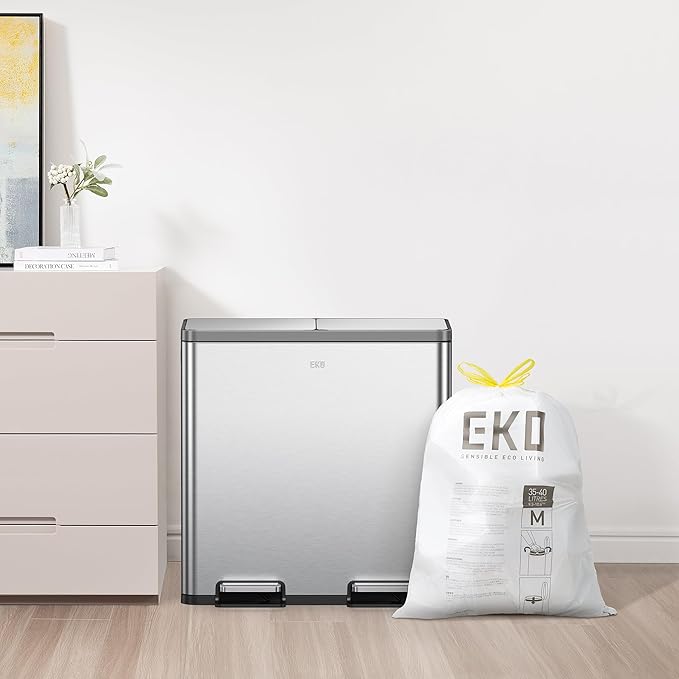 EKO 10.6 Gallon / 35–40 Liter Drawstring Trash Bags, 60 Count Heavy-Duty Tall Kitchen Garbage Can Liners, Extra-Strong Leak-Resistant, Unscented, White, Code M