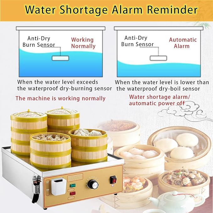 Commercial Electric Dim Sum Steamer,Two/Four/Six-Hole Electric Steamer,with Dry Burning Alarm + Independent Water Supply,for Cooking 6Holes