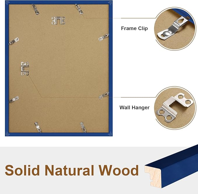 Vittanly 11x14 Picture Frame, Solid Wood Frame with Plexiglass, Includes 8x10 Mat, Wall Hanging for Photos, Home Decor, Royal Blue, 1 Pack