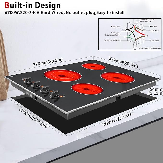 Noxton 30 Inch 4 Burners Electric Cooktop, Built-in 30" Radiant Electric Ceramic Stove Top with Glass Protection Metal Frame,Knob Control, Hot Surface Indicator, 220-240v, No Plug, Hard Wire