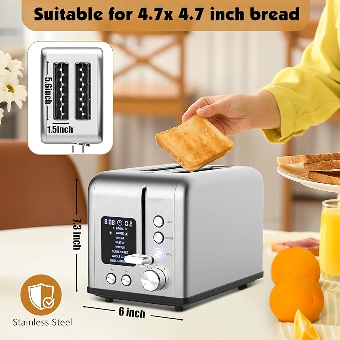 2-Slice Bagel Toaster Stainless Steel with Screen- Single Slice Function for Single-Sided Stuffed Bagel, 8 Bread Types, 6 Browning Levels, LED Countdown Timer, Defrost/Reheat/Cancel, 825W
